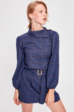 Trendyol Navy Blue Plaid Belt Dress