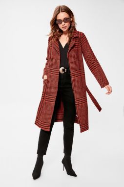 Trendyol Cinnamon Belt Patterned Long Cachet Coat