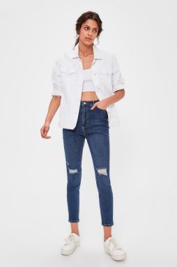 Trendyol Blue Ripped Detailed High Waist Slim Fit Jeans