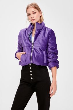 Trendyol Purple Zipper Covervelvet Inflatable Crop Coat