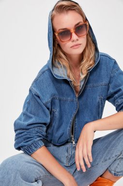 Trendyol Blue Hooded Bomber Denim Jacket