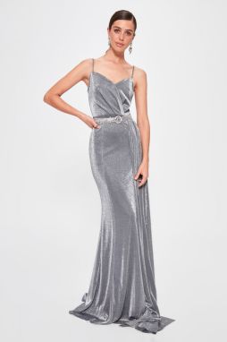 Trendyol Silver Drape Detailed Evening Dress