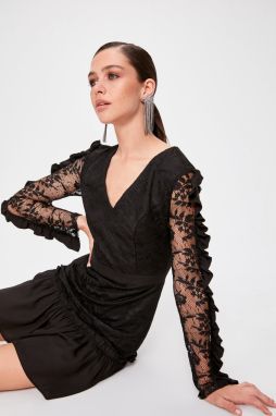 Trendyol Black Skirt Tips Frilled Drape Collar Dress