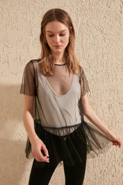 Trendyol Black Tulle Knitted Blouse