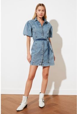 Trendyol Blue BeltEd Arm Rubber Denim Dress