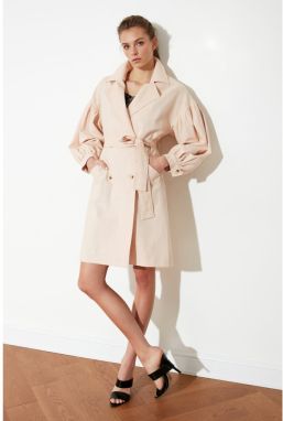 Trendyol Ekru Wide Sleeve Belt Linen Long Trençkot