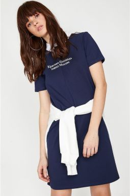 Koton Women's Navy Blue Shirt Collar Short Sleeve Letter Printed Midi Dress