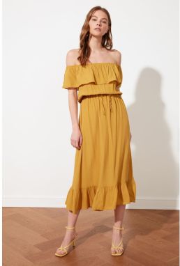 Trendyol Mustard Carmen Collar Dress