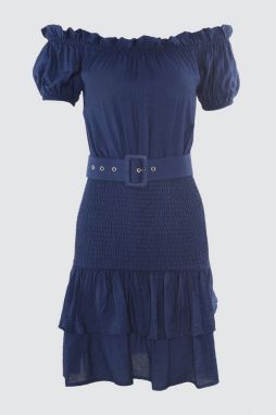 Trendyol Navy Blue Belted Gipeled Carmen Collar Dress