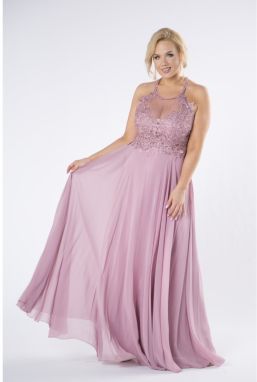 Tulle maxi dress with embroidered top with glittering rhinestones and a halter neckline