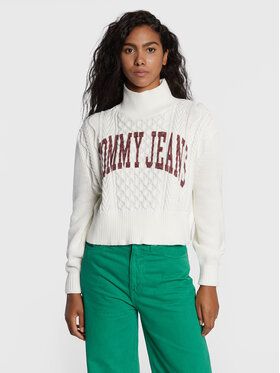 Tommy Jeans Rolák Crop College Cable DW0DW14273 Biela Cropped Fit