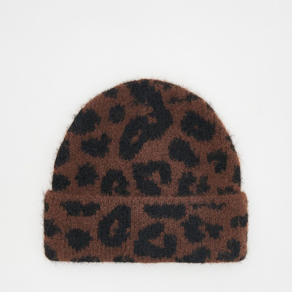 Reserved - Čiapka beanie s leoparďou potlačou - Hnědá