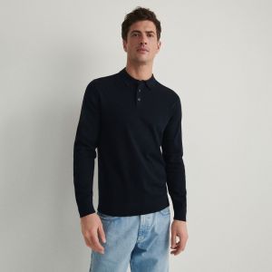 Reserved - Bavlnené tričko polo s dlhými rukávmi - Tmavomodrá