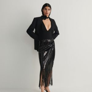 Reserved - Flitrovaná sukňa so strapcami - Čierna