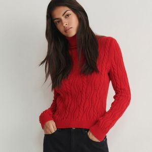 Reserved - Rolákový sveter s ažúrovým detailom - Červená