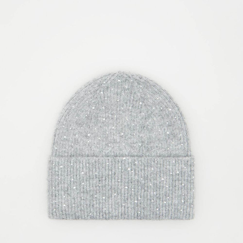 Reserved - Čiapka beanie s ozdobnými kryštálikmi - Svetlošedá