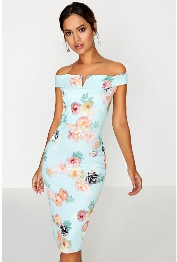 Mint bodycon midi šaty s kvetinovým vzorom a bardot dekoltom