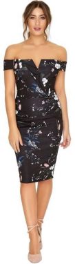 Čierne bodycon bardot midi šaty s kvetinovým vzorom