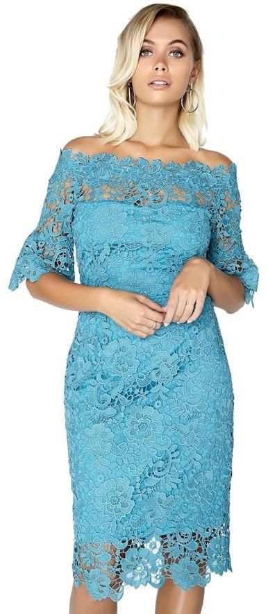 Čipkované puzdrové bardot šaty v nefritovo odtieni