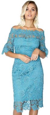 Čipkované puzdrové bardot šaty v nefritovo odtieni