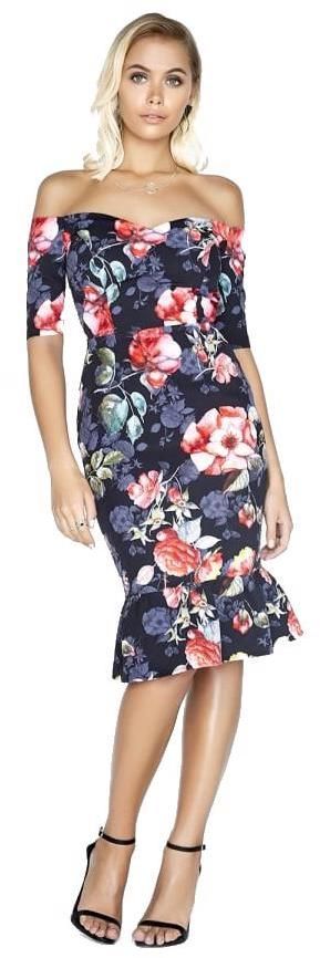 Puzdrové kvetinové bardot midi šaty s peplum volánom