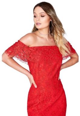 Červené čipkované bodycon bardot midi šaty