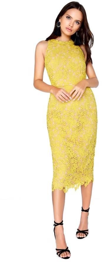 Horčicové krajkové bodycon midi šaty