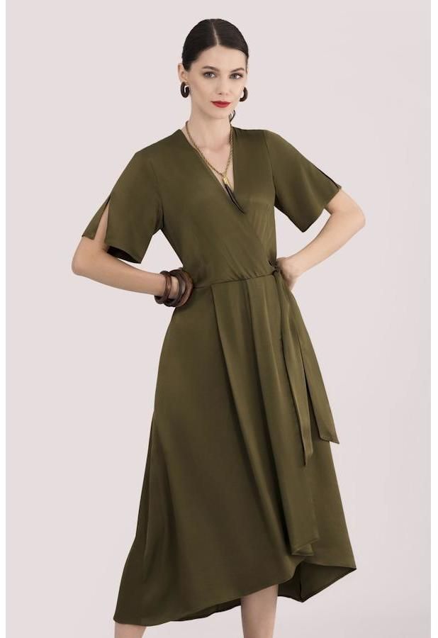 Khaki satin midi šaty
