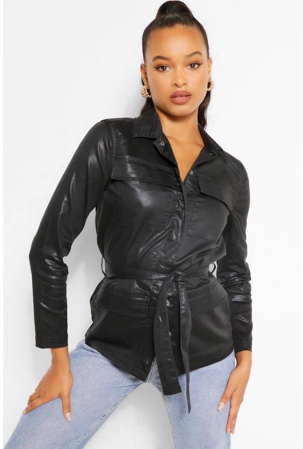 Opásané PU denim bunda