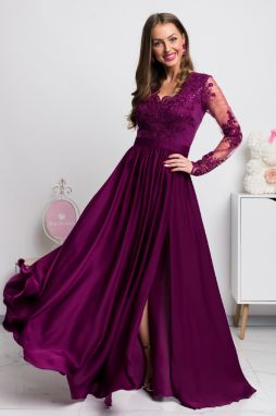 Purpurové spoločenské šaty s krajkou a saténovou sukňou