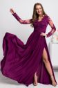 Purpurové spoločenské šaty s krajkou a saténovou sukňou galéria