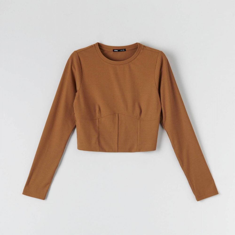 Sinsay - Crop top z prúžkovaného úpletu - Béžová