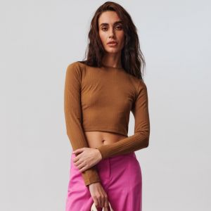 Sinsay - Crop top z prúžkovaného úpletu - Béžová