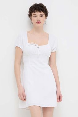 Ľanové šaty Hollister Co. biela farba, mini, áčkový strih