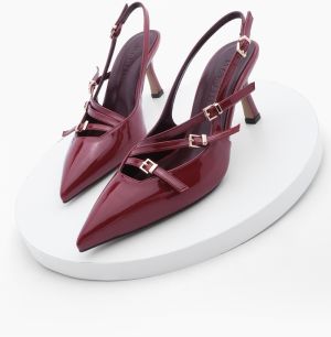 Marjin Women's Pointed Toe Tri Band Belt Detail Open Back Classic Heel Shoes Bevil Burgundy Patent Leather