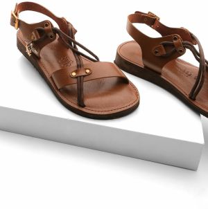 Marjin Women's Genuine Leather Accessories, Eva Sole, Criss-Cross Thread Detail Daily Sandals, Multilayered Tan.