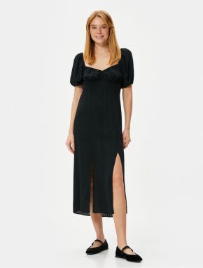 Koton Midi Dress Balloon Sleeve Slit Sweetheart Neck Viscose