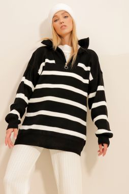 Trend Alaçatı Stili Dámsky čierny Zips Pruhovaný úplet Zimný sveter