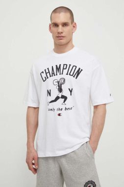 Bavlnené tričko Champion pánske, biela farba, s potlačou, 219856