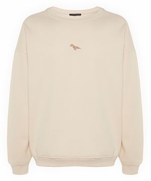 Trendyol Beige Oversize/Wide-Cut Fleece Dinosaur Embroidered Sweatshirt