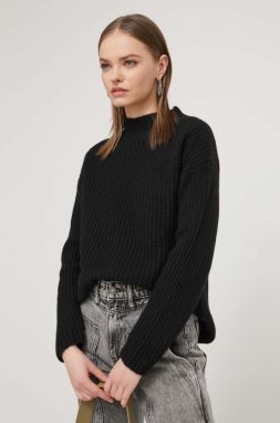 Vlnený sveter HUGO dámsky, čierna farba, s polorolákom