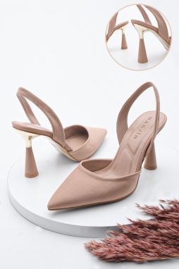 Marjin Women's Stiletto Pointed Toe Gold Heel Detail Open Back with a scarf and heeled shoes Yolez Beige.