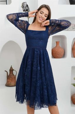 Carmen Navy Blue Lace Square Neck Engagement Evening Dress