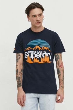 Bavlnené tričko Superdry pánsky, tmavomodrá farba, s potlačou