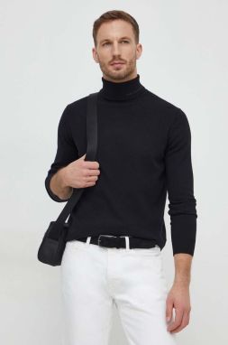 Vlnený sveter Karl Lagerfeld pánsky, čierna farba, tenký, s rolákom