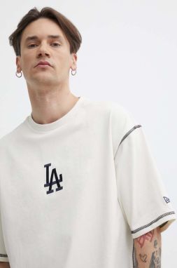 Bavlnené tričko New Era pánsky, béžová farba, s potlačou, LOS ANGELES DODGERS