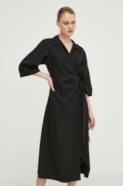 Šaty s prímesou ľanu Samsoe Samsoe SAHANI čierna farba, midi, áčkový strih, F24100086