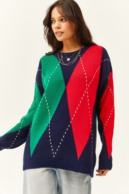 Olalook Women's Navy Blue Claret Red Diamond Patterned Oversize Knitwear Sweater