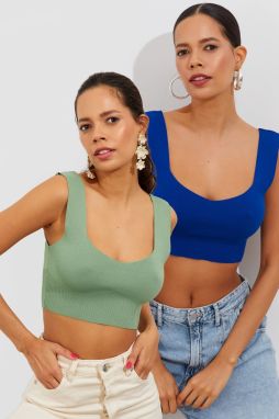 Cool & Sexy Women's Mint-Sax Double Knitwear Crop Singlet YV134