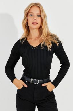 Cool & Sexy Women's Black V-Neck Ribbed Knitwear Blouse